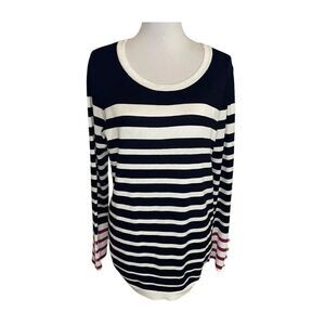 GNW Black and White Lightweight Striped Pullover Sweater with Fuchsia Stripe Sle
